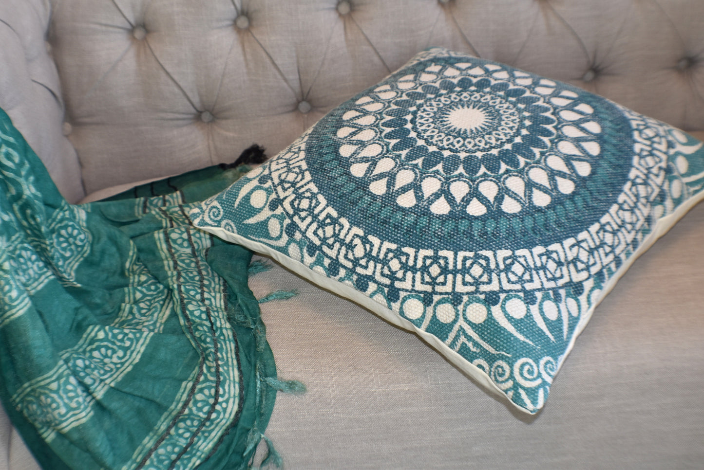 Block Print Daisy Green Mandala Cotton Dari Cushion 50 cms - Adore India   