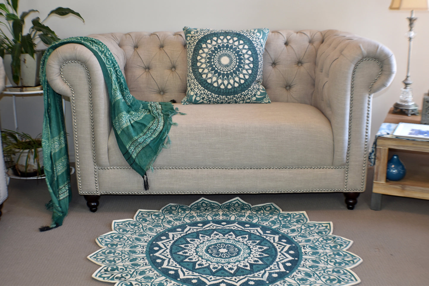 Handmade Green Turquoise Mandala Block Print Cotton Dhurrie Carpet Rug - Adore India   
