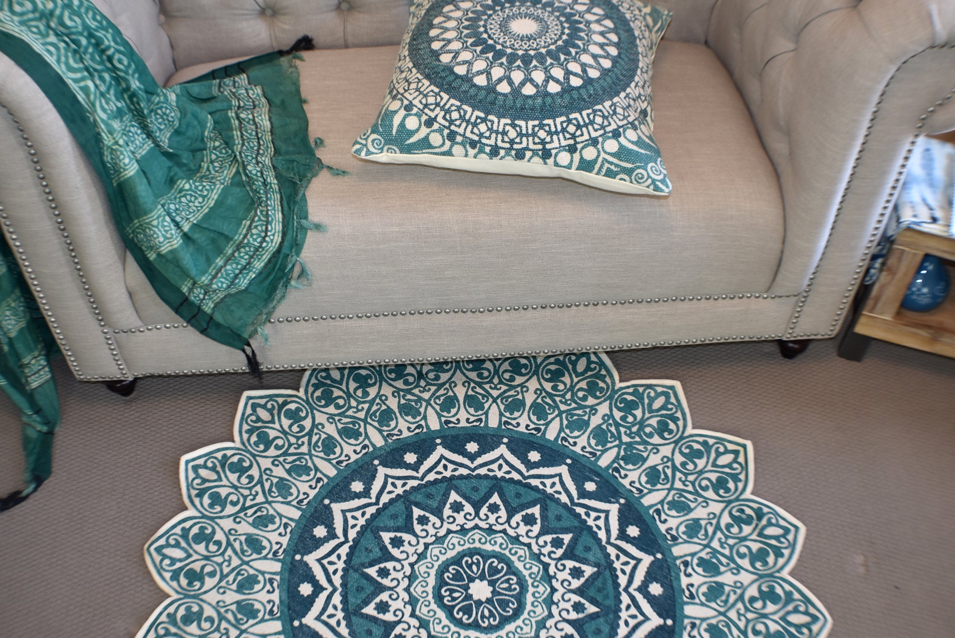 Handmade Green Turquoise Mandala Block Print Cotton Dhurrie Carpet Rug - Adore India   