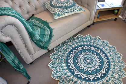 Handmade Green Turquoise Mandala Block Print Cotton Dhurrie Carpet Rug - Adore India   
