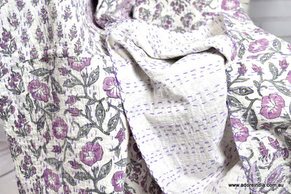 Indian Handmade Purple Hand Block Patchwork Reversible Kantha Quilt - Adore India   