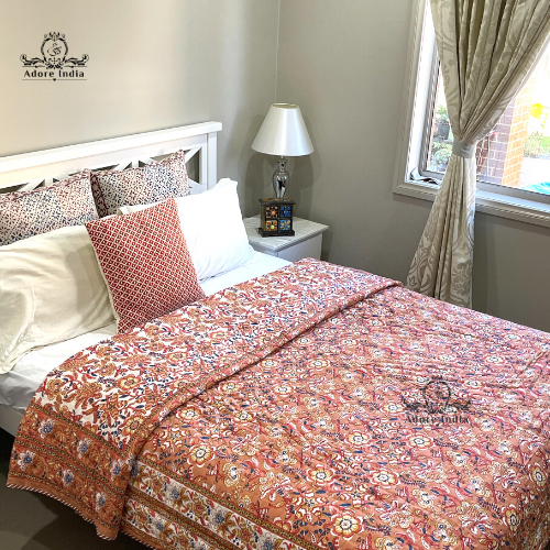 Gold Ganesha Floral Cotton Padded Kantha Bedspread Quilt Comforter - Adore India   