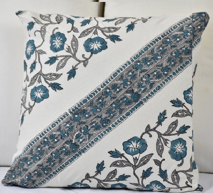 Hand Block Cushion Cover-Teal - Adore India   