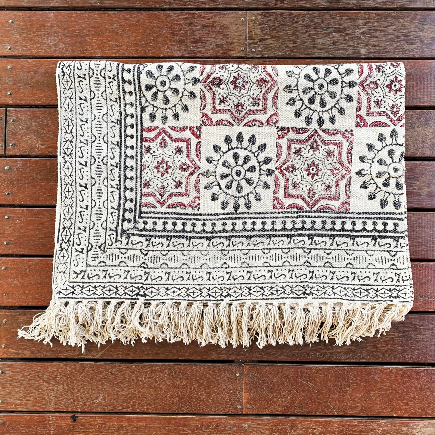 Handmade Beautiful Hand Made Shri Mandala Block Print Cotton Dari Carpet - Adore India   