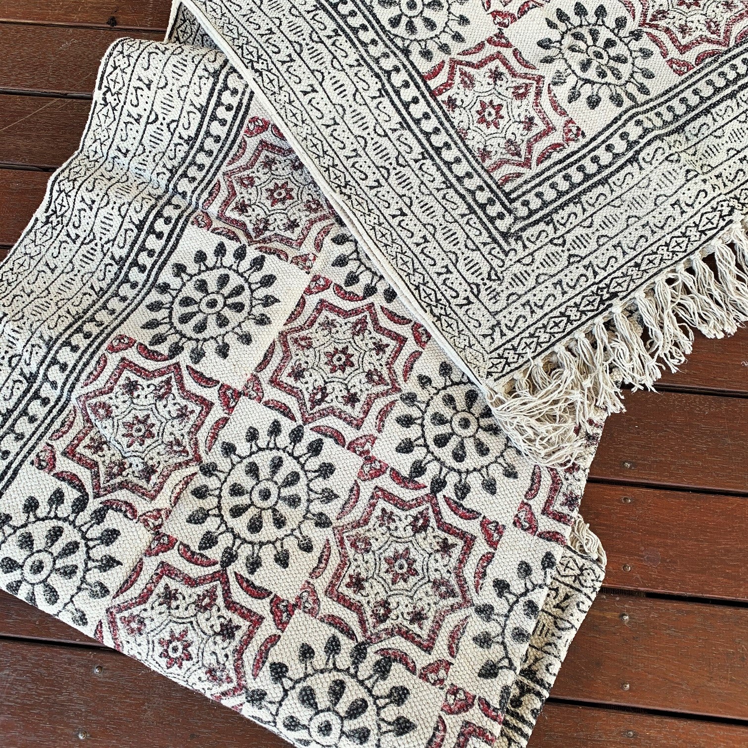 Handmade Beautiful Hand Made Shri Mandala Block Print Cotton Dari Carpet - Adore India   