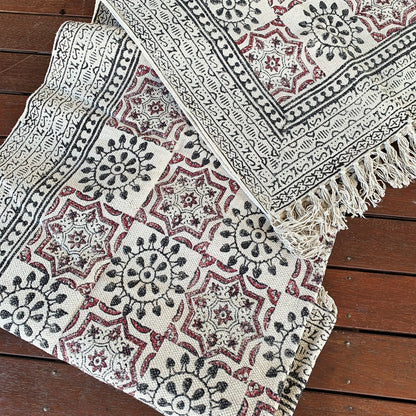 Handmade Beautiful Hand Made Shri Mandala Block Print Cotton Dari Carpet - Adore India   