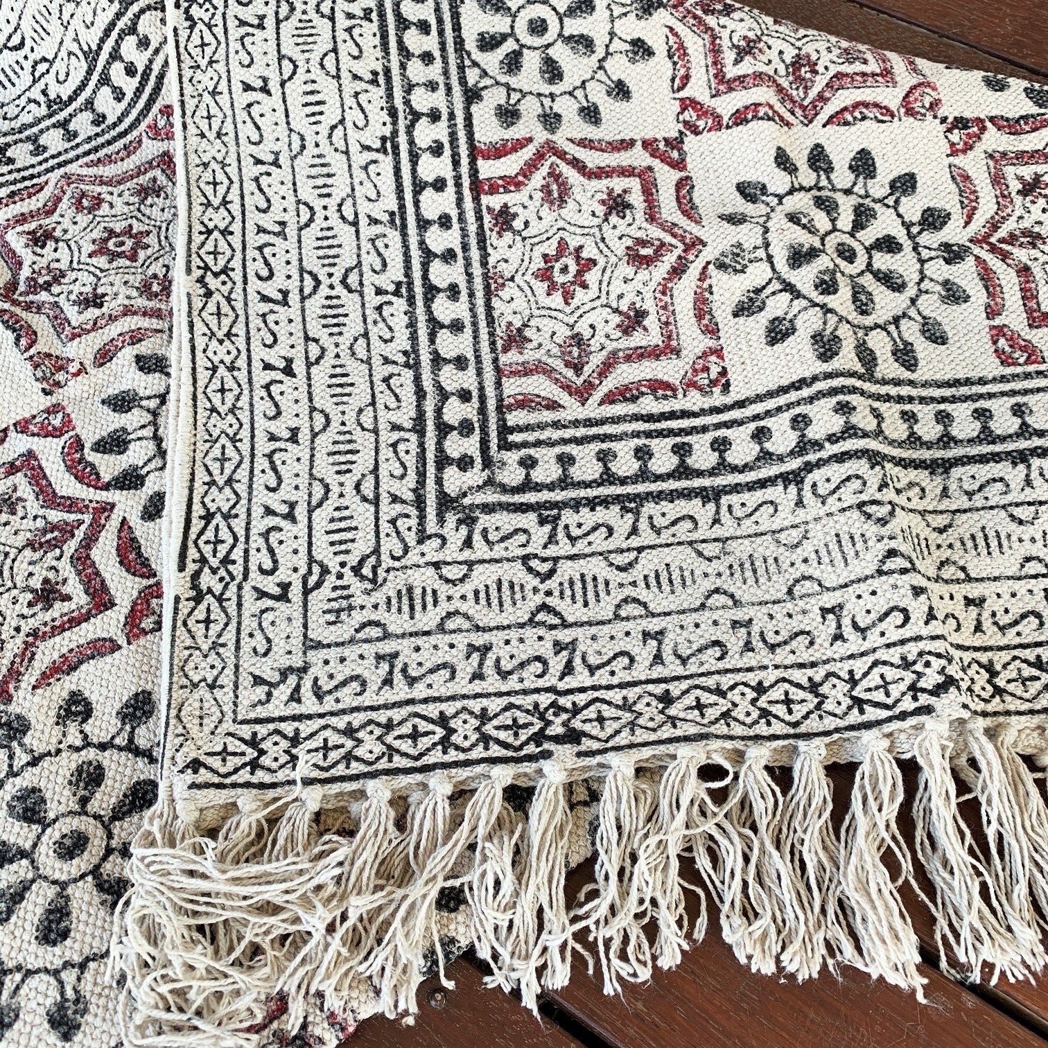 Handmade Beautiful Hand Made Shri Mandala Block Print Cotton Dari Carpet - Adore India   