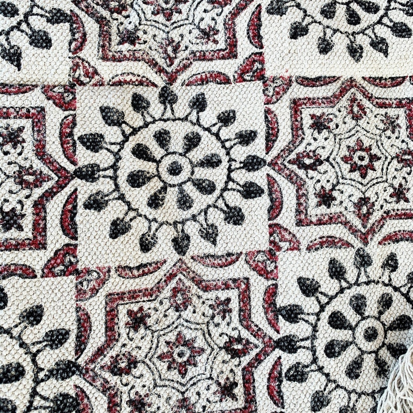 Handmade Beautiful Hand Made Shri Mandala Block Print Cotton Dari Carpet - Adore India   