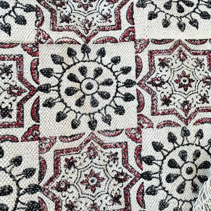 Handmade Beautiful Hand Made Shri Mandala Block Print Cotton Dari Carpet - Adore India   