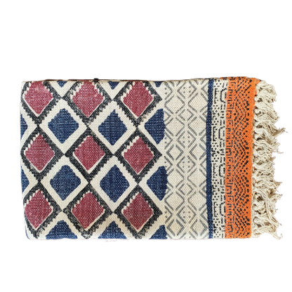 Handmade Beautiful Multi Ikat Block Print Dari Cotton Carpet - Adore India   