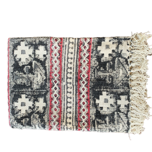 Handmade Beautiful Black Holy Block Print Cotton Dari Carpet - Adore India   