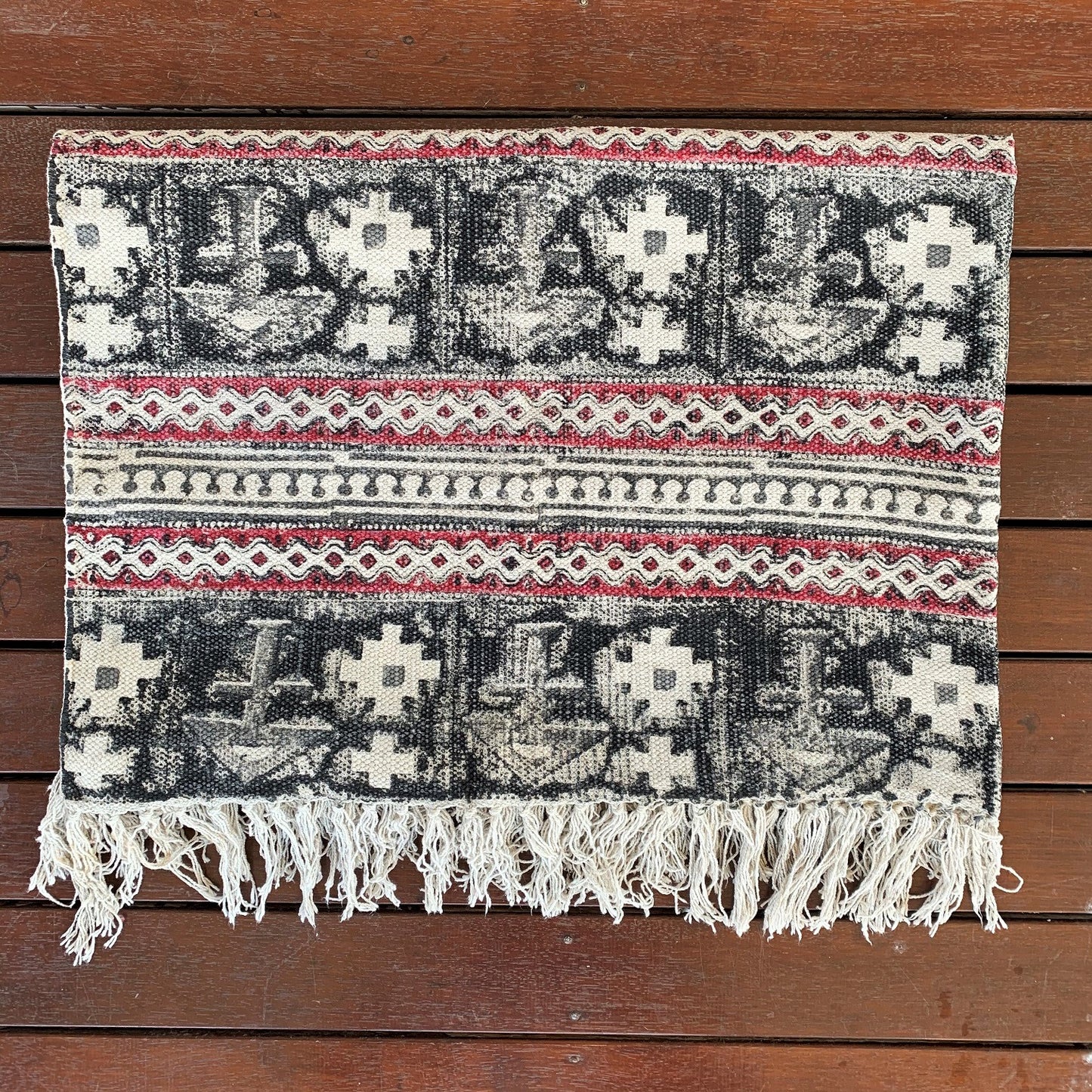 Handmade Beautiful Black Holy Block Print Cotton Dari Carpet - Adore India   