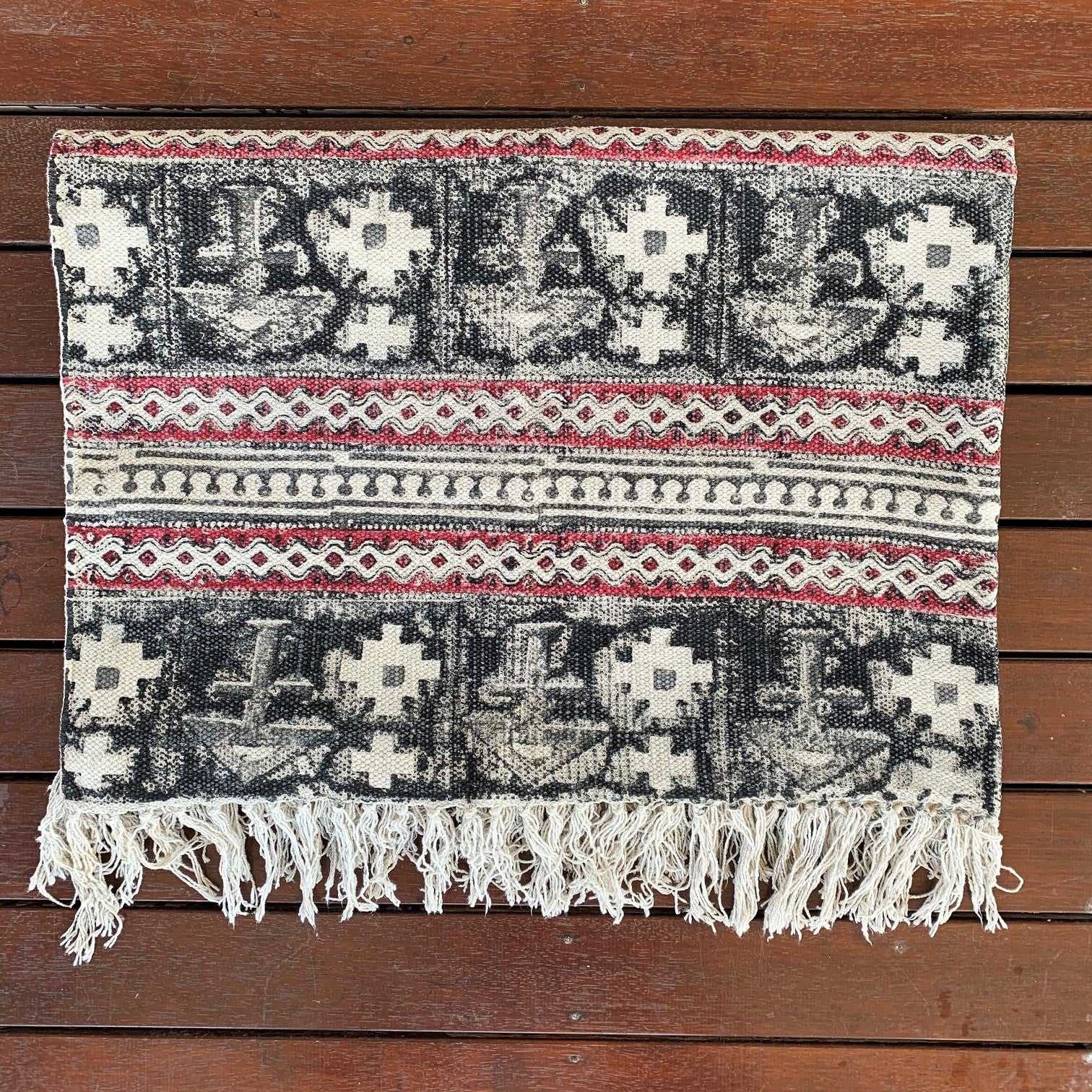 Handmade Beautiful Black Holy Block Print Cotton Dari Carpet - Adore India   