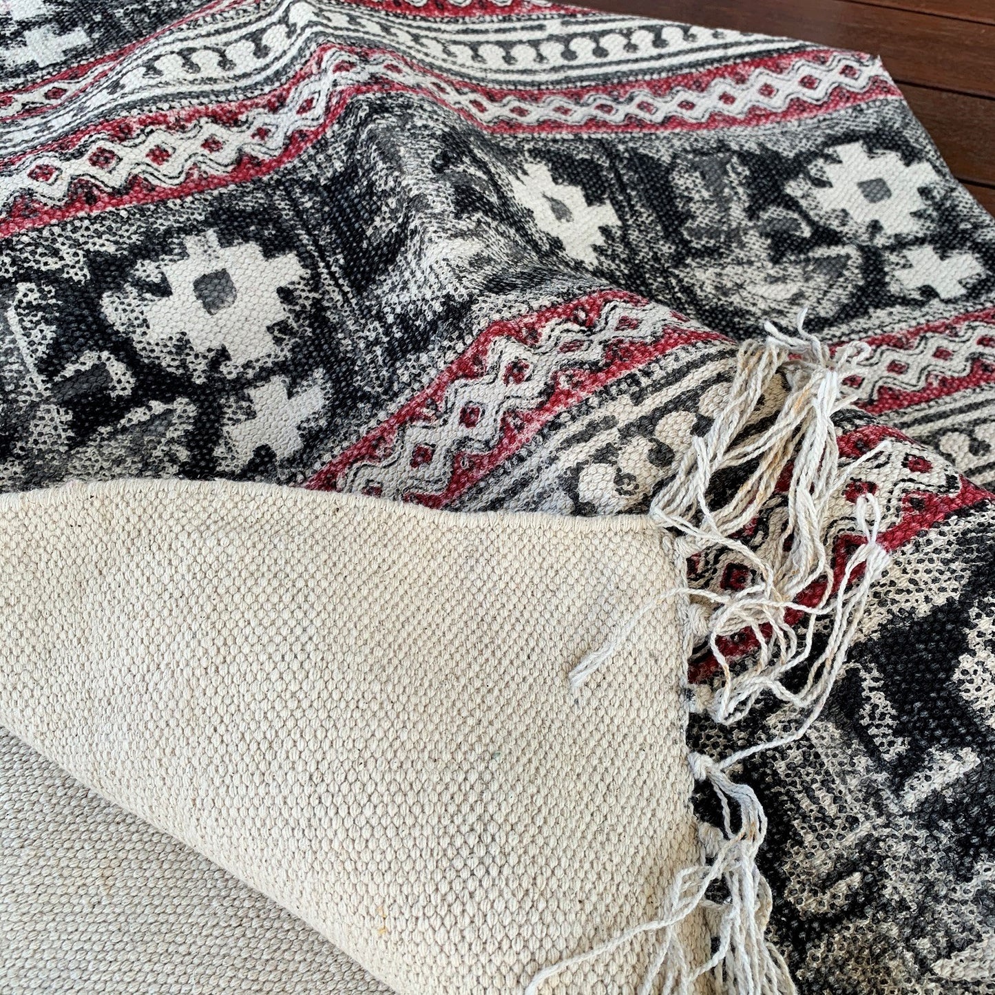 Handmade Beautiful Black Holy Block Print Cotton Dari Carpet - Adore India   