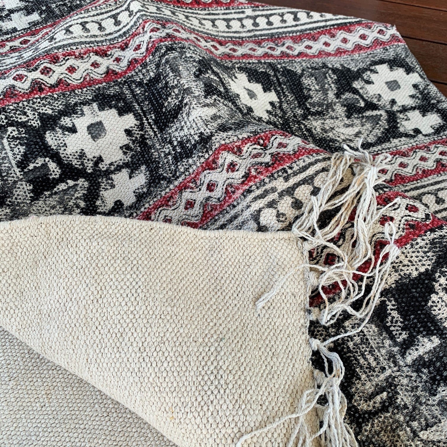 Handmade Beautiful Black Holy Block Print Cotton Dari Carpet - Adore India   