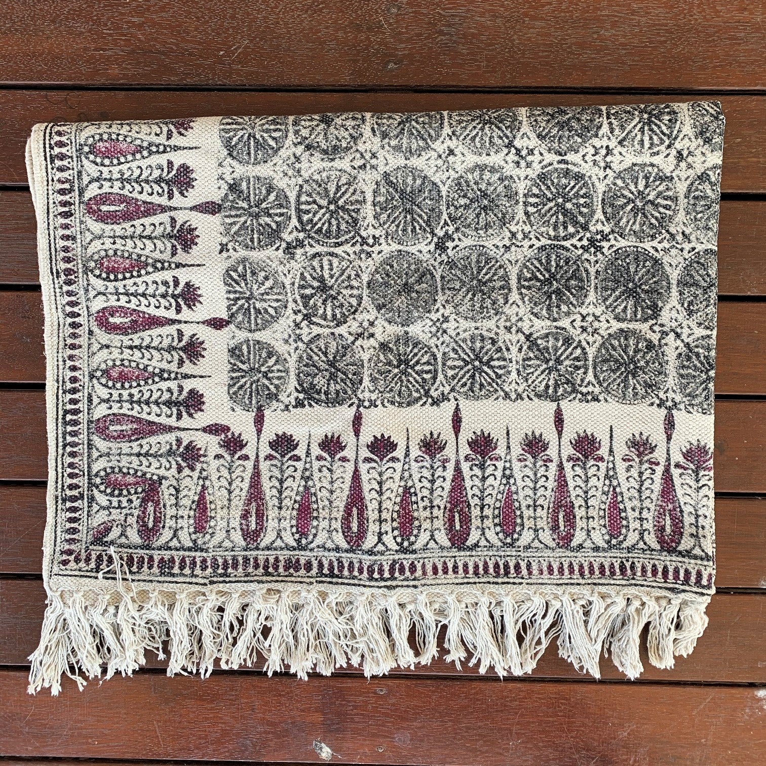 Handmade Beautiful Tilak Burgundy Block Print Cotton Dari Carpet - Adore India   
