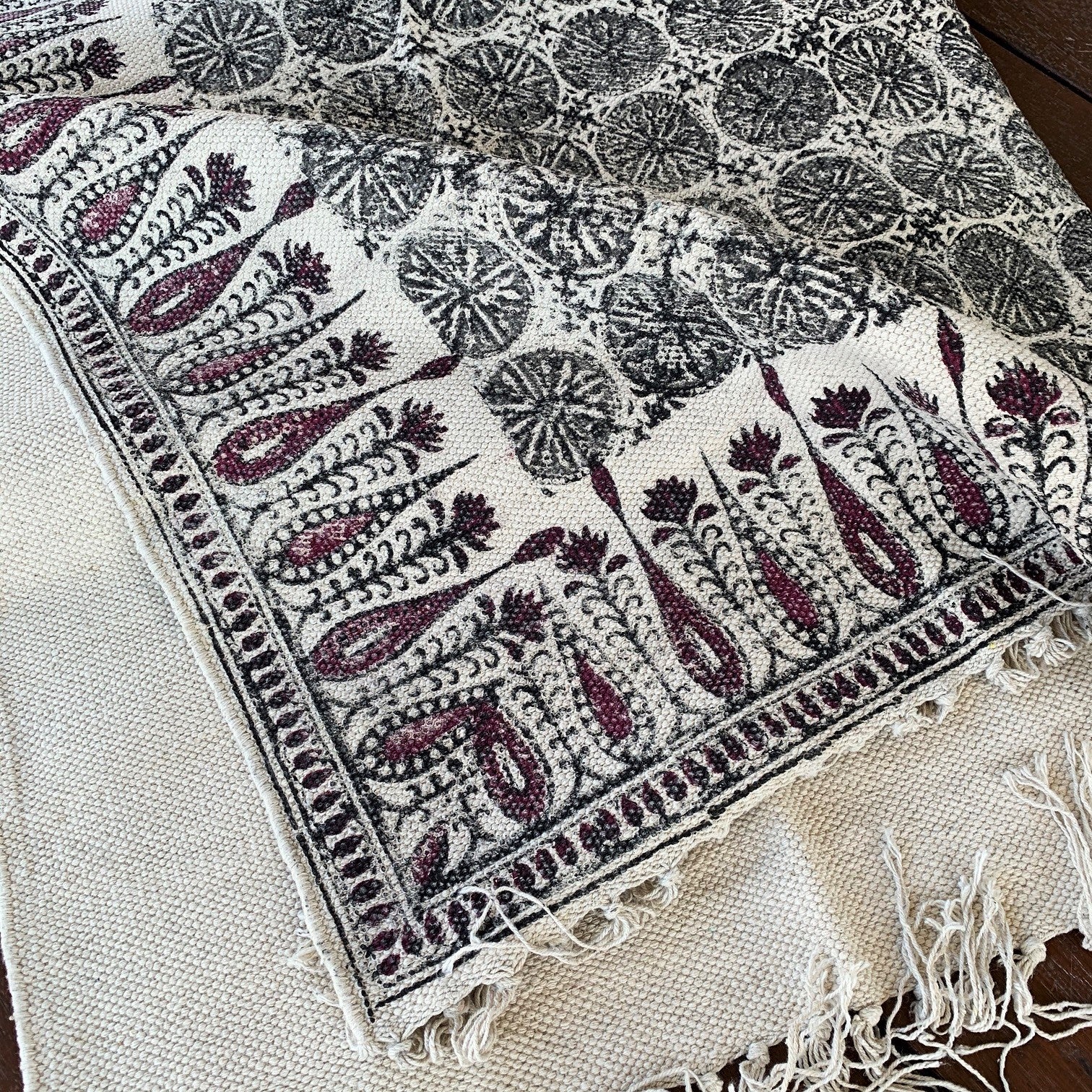 Handmade Beautiful Tilak Burgundy Block Print Cotton Dari Carpet - Adore India   