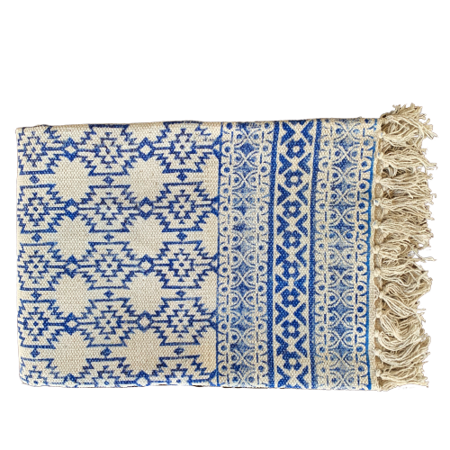 Handmade Beautiful Blue Block Print Cotton Dari Carpet Spirit - Adore India   