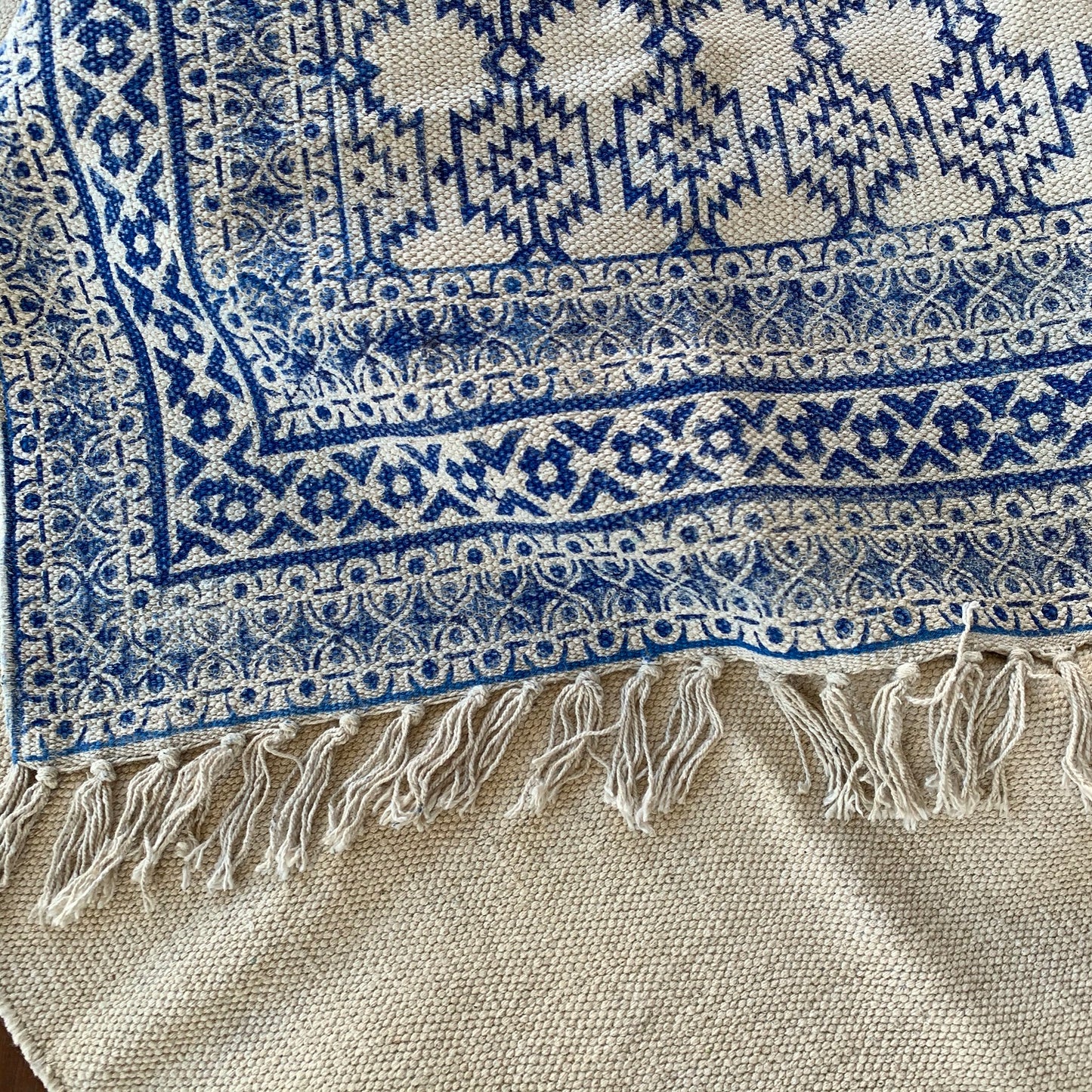 Handmade Beautiful Blue Block Print Cotton Dari Carpet Spirit - Adore India   