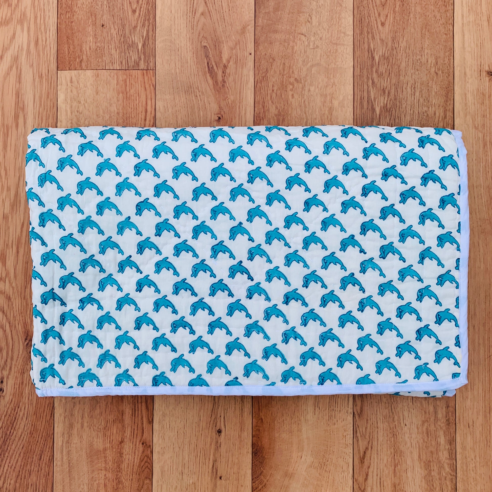 Blue Fish Print Cotton Reversible Padded Baby Quilt Bedspread - Adore India   