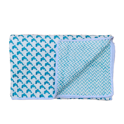 Blue Fish Print Cotton Reversible Padded Baby Quilt Bedspread - Adore India   