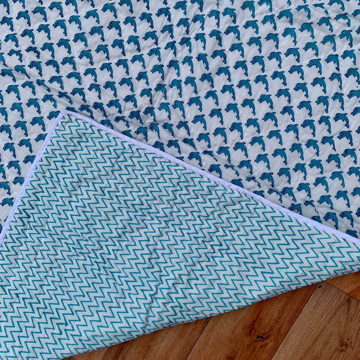 Blue Fish Print Cotton Reversible Padded Baby Quilt Bedspread - Adore India   