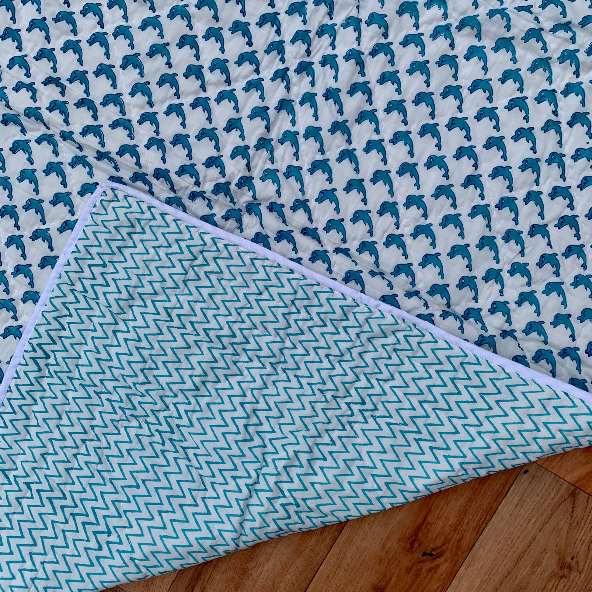 Blue Fish Print Cotton Reversible Padded Baby Quilt Bedspread - Adore India   