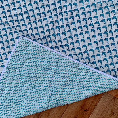 Blue Fish Print Cotton Reversible Padded Baby Quilt Bedspread - Adore India   