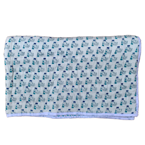 Blue Fish Print Cotton Reversible Padded Baby Quilt Bedspread - Adore India   