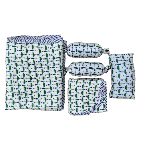 Umbrella Print Cotton Reversible Baby Kantha Quilted Cot Crib Set - Adore India   