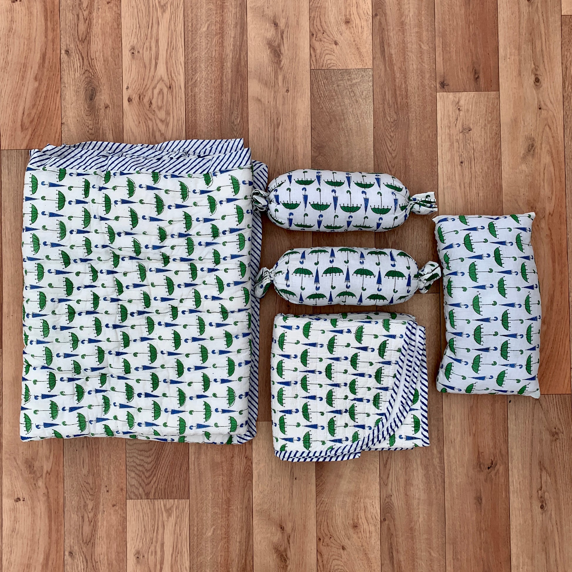 Umbrella Print Cotton Reversible Baby Kantha Quilted Cot Crib Set - Adore India   