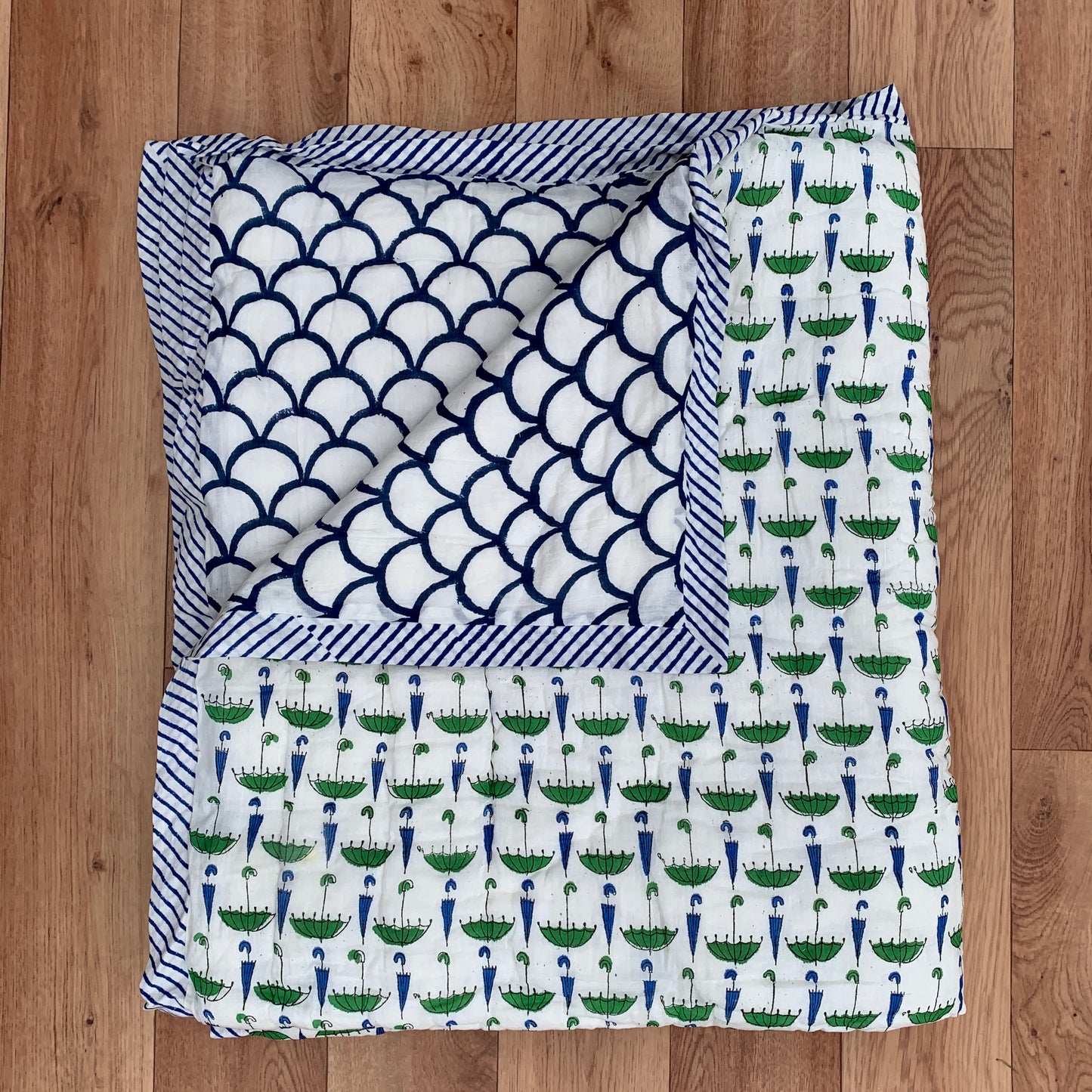 Umbrella Print Cotton Reversible Baby Kantha Quilted Cot Crib Set - Adore India   