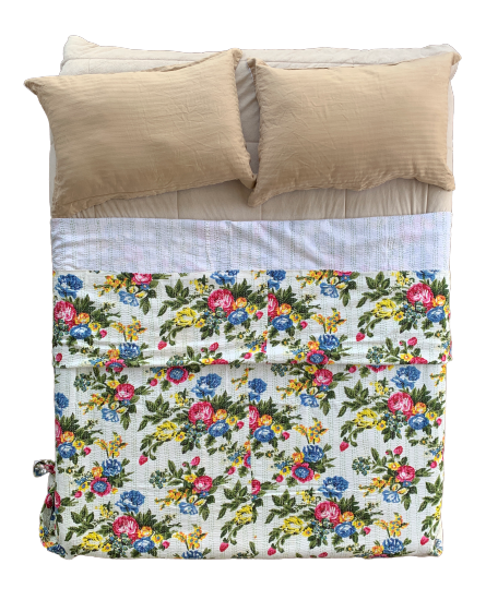 Indian Handmade Reversible Tropical White Kantha Quilt Bedspread - Adore India   
