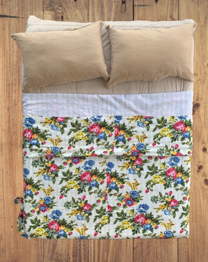 Indian Handmade Reversible Tropical White Kantha Quilt Bedspread - Adore India   