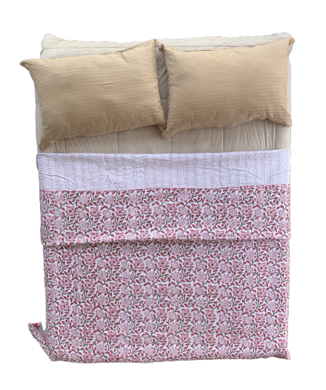 Handmade Pink Flower Block Print Cotton Kantha Quilt Bedspread - Adore India   
