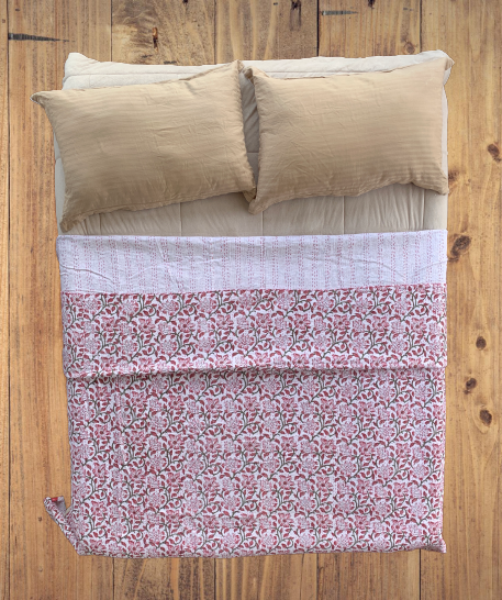 Handmade Pink Flower Block Print Cotton Kantha Quilt Bedspread - Adore India   