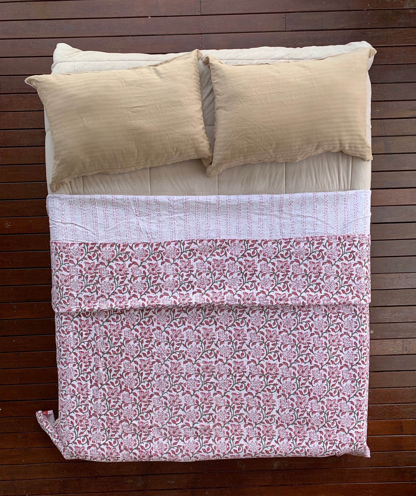 Handmade Pink Flower Block Print Cotton Kantha Quilt Bedspread - Adore India   