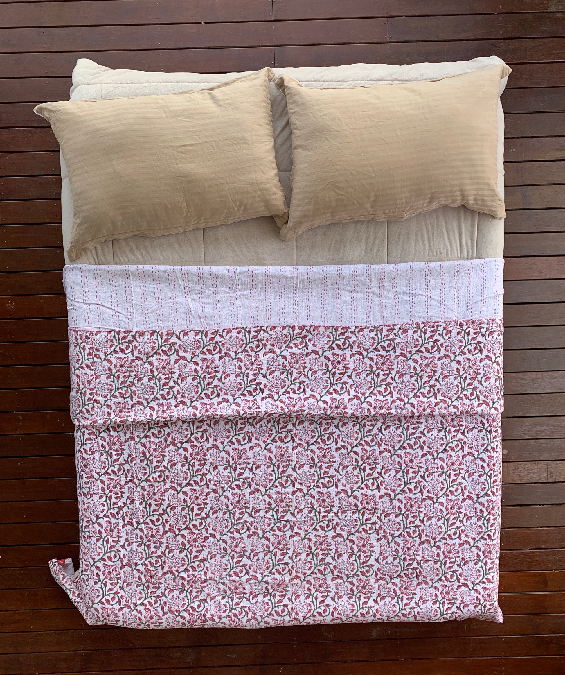 Handmade Pink Flower Block Print Cotton Kantha Quilt Bedspread - Adore India   