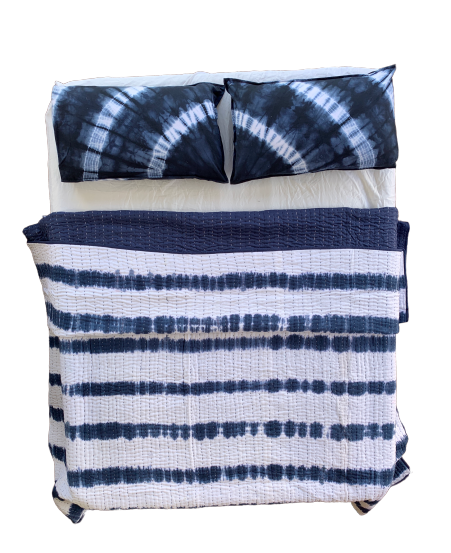 Handmade Indigo Tie dye Stripe Quilted Reversible Kantha Quilt - Adore India   