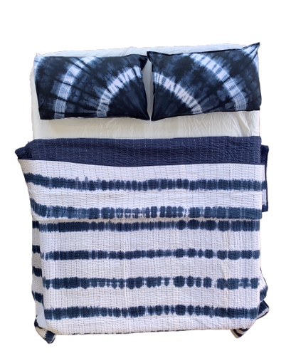 Handmade Indigo Tie dye Stripe Quilted Reversible Kantha Quilt - Adore India   