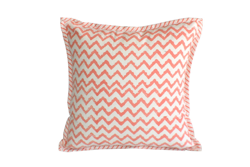 Zigzag Coral Hand Block Print Cushion Cover - Adore India   