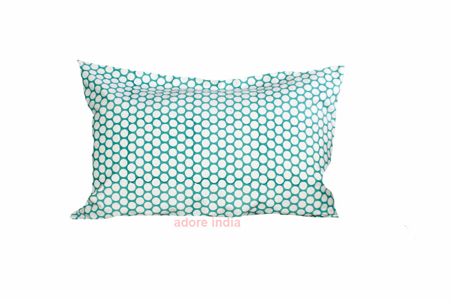 Turquoise Polka Dot Block Print Canvas Cotton Cushion Cover Pillow 2Pcs - Adore India   