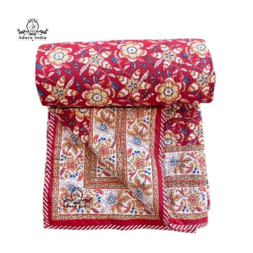 Red Ganesha Floral Cotton Padded Kantha Bedspread Quilt Comforter - Adore India   
