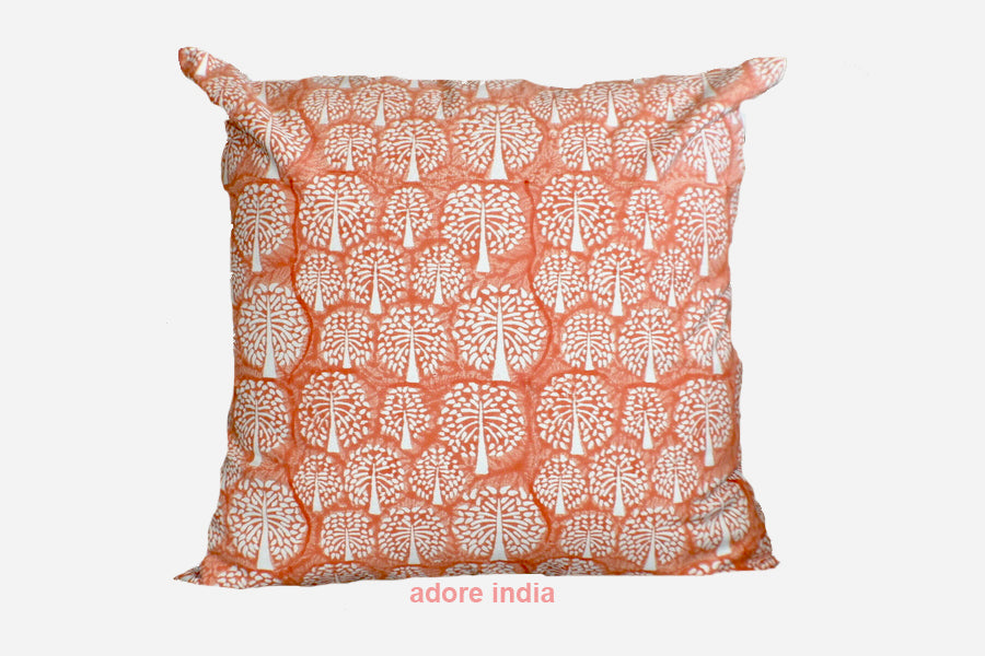 Tree of Life Coral Peach Hand Block Print Cushion 2Pcs - Adore India   