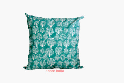 Tree of Life Turquoise Block Print Canvas Cotton Cushion Cover Pillow 2Pcs - Adore India   
