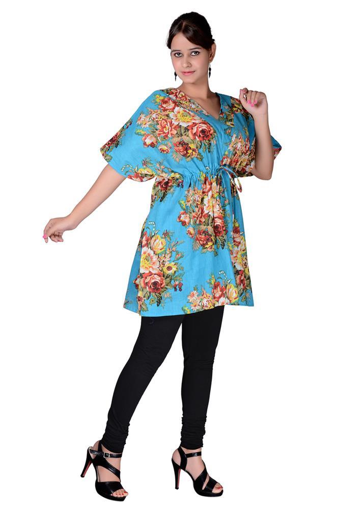 Vintage Turquoise Floral Cotton Printed Kaftan - Adore India   