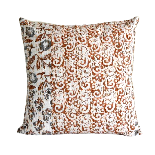 Brown Hand Block Printed  Patchwork Cushion Cover - Adore India   