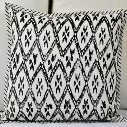 Hand Block Ikat Print Cushion Cover- Black - Adore India   
