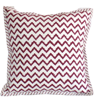 Zigzag Burgundy Hand Block Print Cushion Cover 40cm - Adore India   