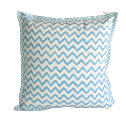 Zigzag Turq Hand Block Print Cushion Cover - Adore India   